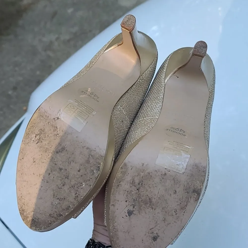 David's Bridal Gold Shimmering Open Toe Heels